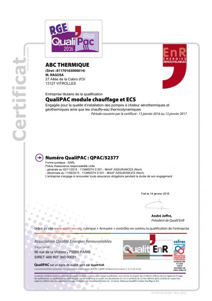 ABC Thermique Attestation QUALIPAC Thermodynamique